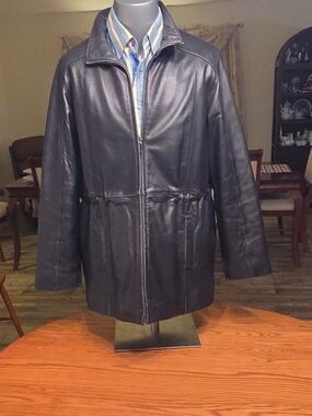 Gallery Men's Black Leather Jacket Full Zip Stand-Up Collar Lined S M